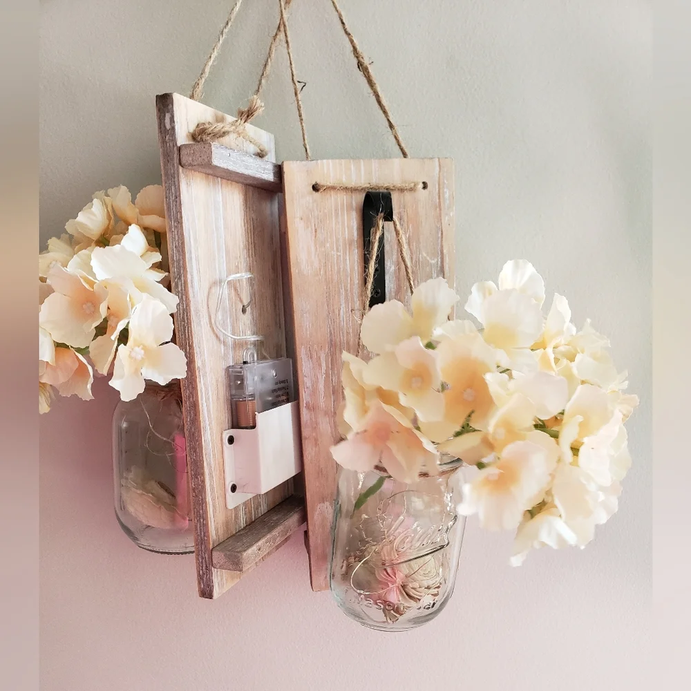 Lighted Cottagecore Farmhouse Mason Jar Hanging Floral Wall Accent Decor Set